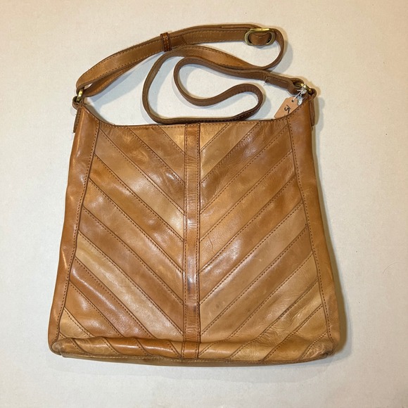 Margot New York Handbags - Margot New York Womens Handbag Tan Genuine Leather Chevron Crossbody Bag Purse